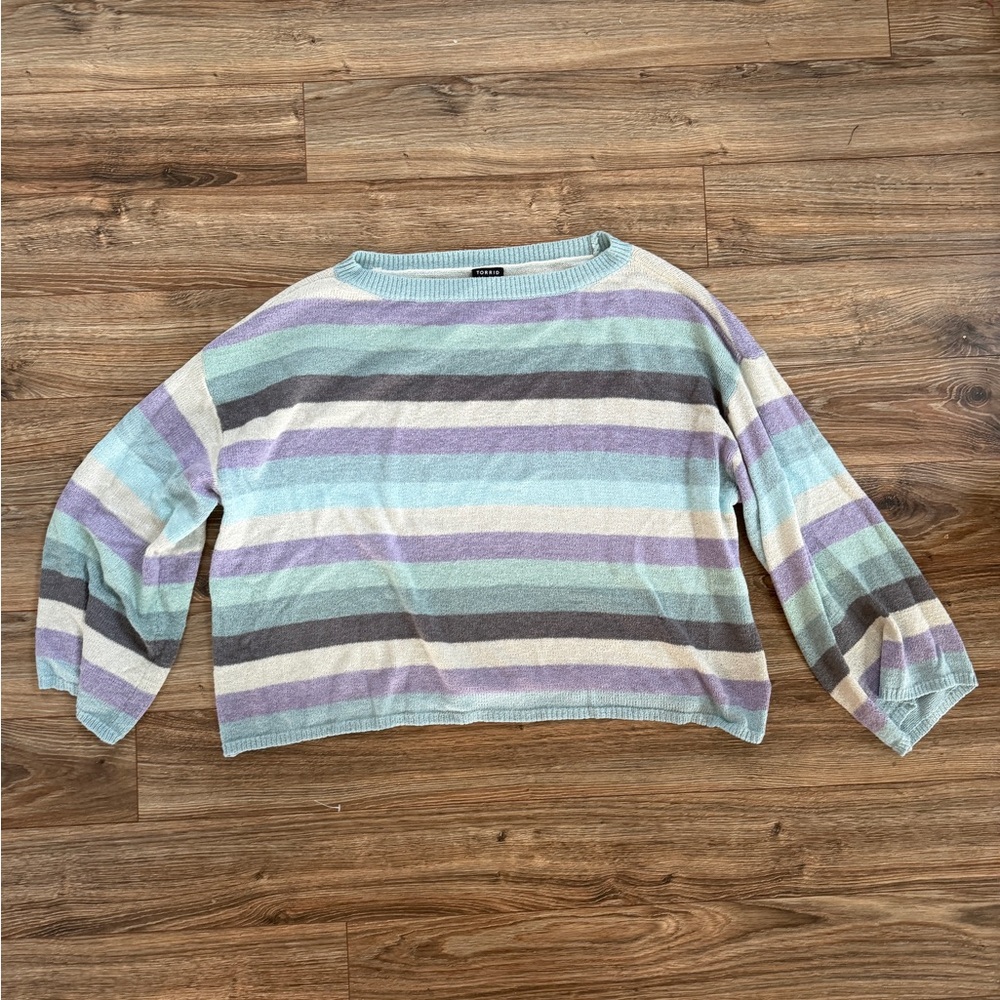 Torrid Size 2 Blue Purple Gray White Striped Sweater Off The Shoulder - Picture 6 of 8